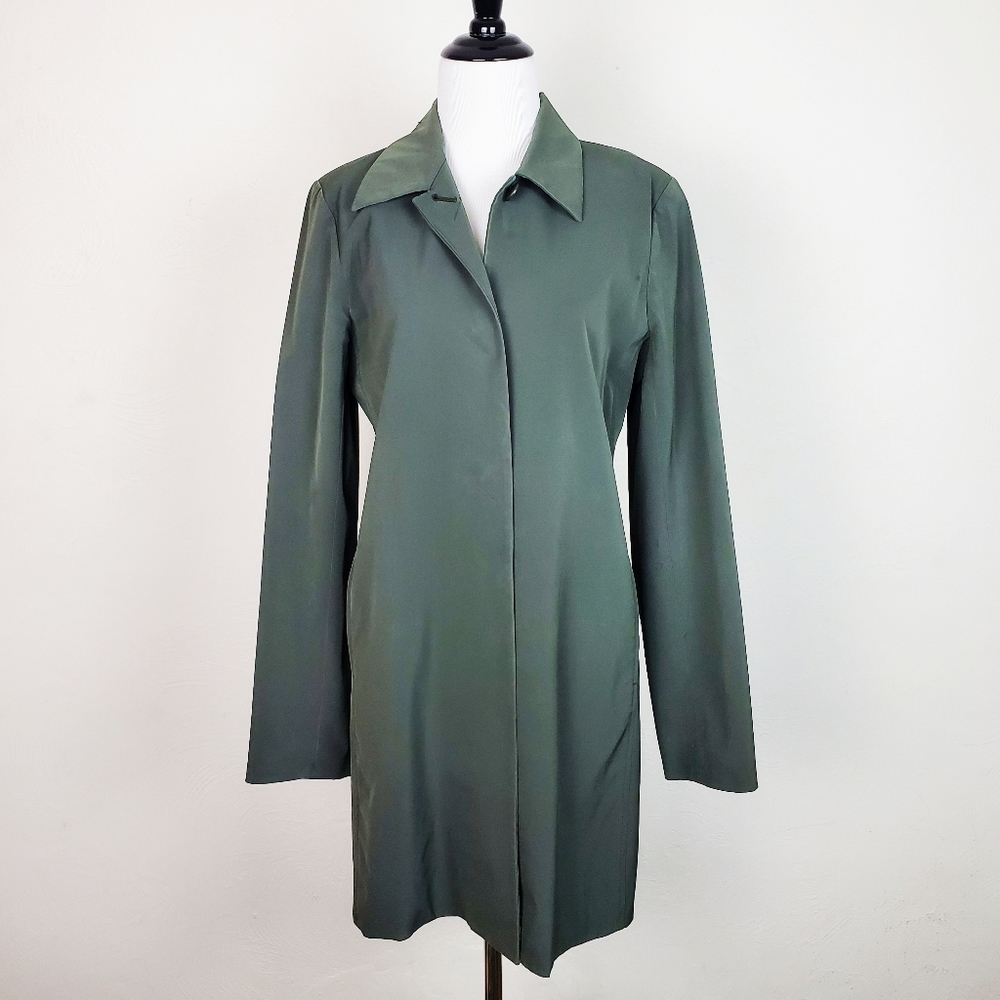 Theory Trench Coat Jacket Wool Blend Green Gray Classic Minimalist Fall Winter
